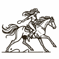 Fototapeta premium Cowgirl Galloping horse. Western cowgirl Outline Clipart line art doodle vector illustration. Equestrian female rider at full speed on mustang for ranch adventure.