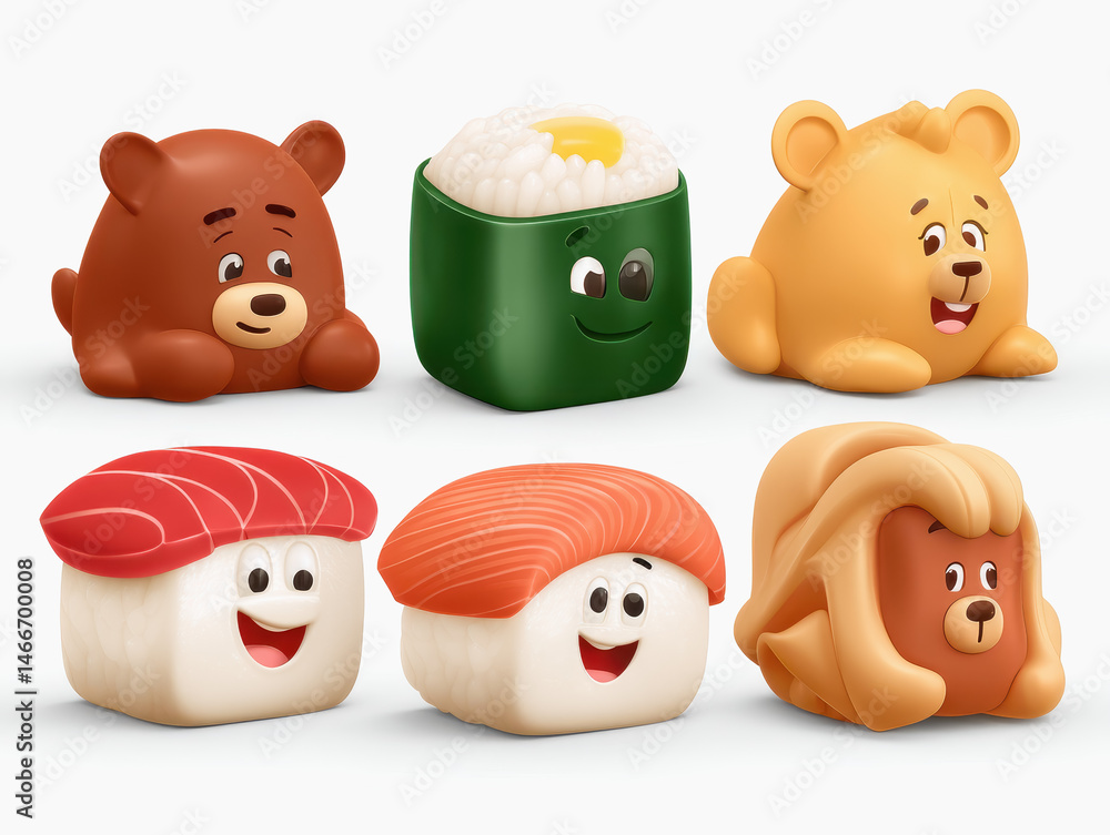 Poster whimsical kawaii bento pattern showcasing various sui characters in a colorful and fun repeating des