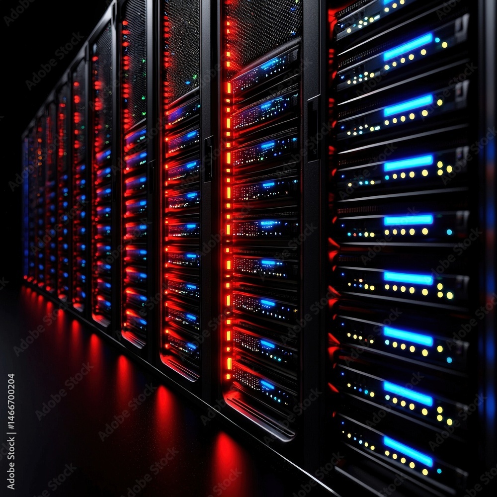 Poster high-tech server in a modern server room surrounded by cables and network equipment for data storage