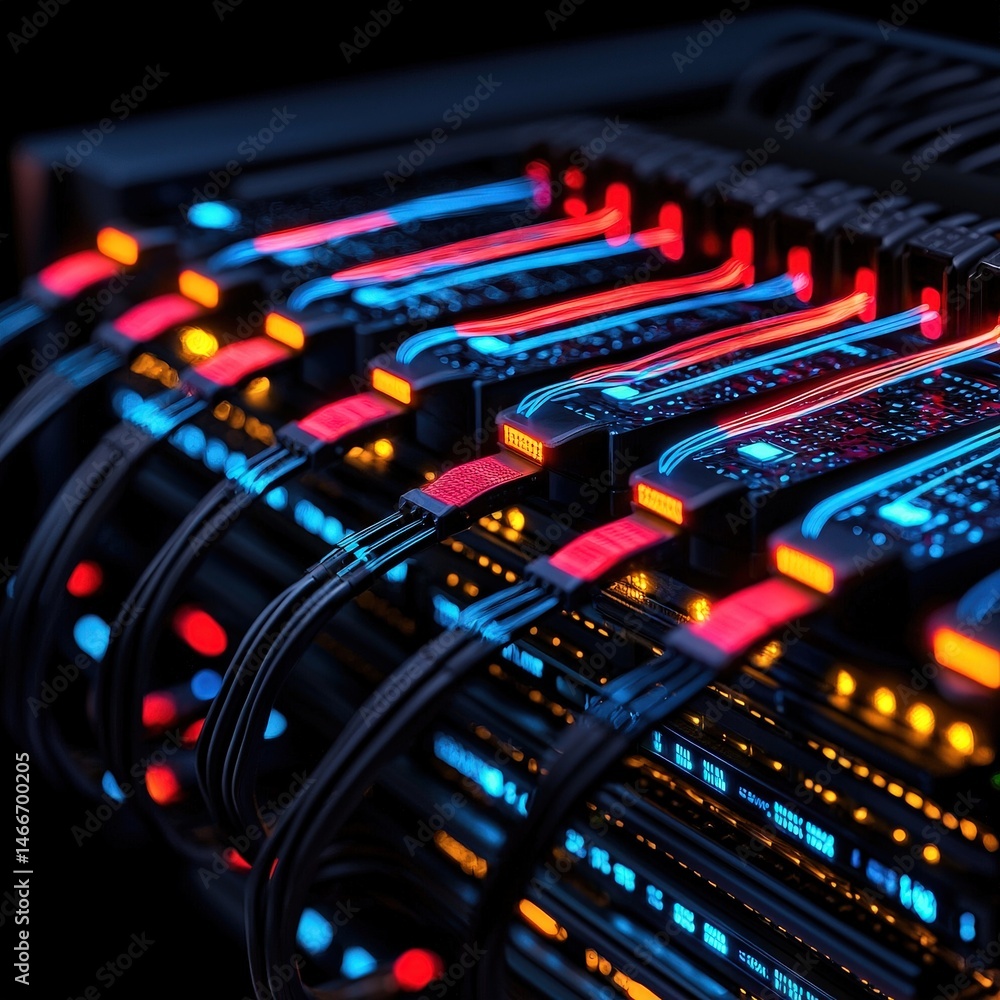 Poster futuristic computer display with striking red and blue led lights illuminating the workspace and des