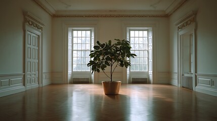Fototapeta premium A large potted plant sits in the middle of a large, empty room with white walls