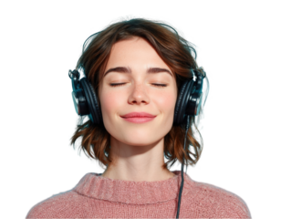 Young woman relaxed listening to music with headphones peaceful serene enjoying audio melody calm pretty on transparent background
