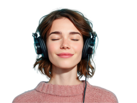 Young woman relaxed listening to music with headphones peaceful serene enjoying audio melody calm pretty on transparent background