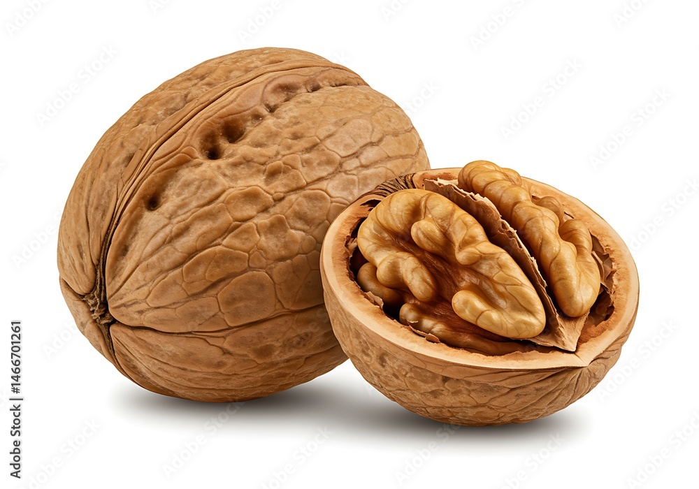 Poster a whole walnut and a half walnut showing the nut inside on a white background in a studio shot