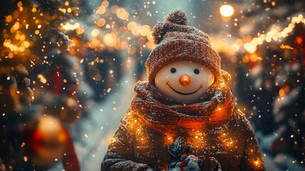 Obraz premium Smiling snowman among bokeh lights in a winter scene