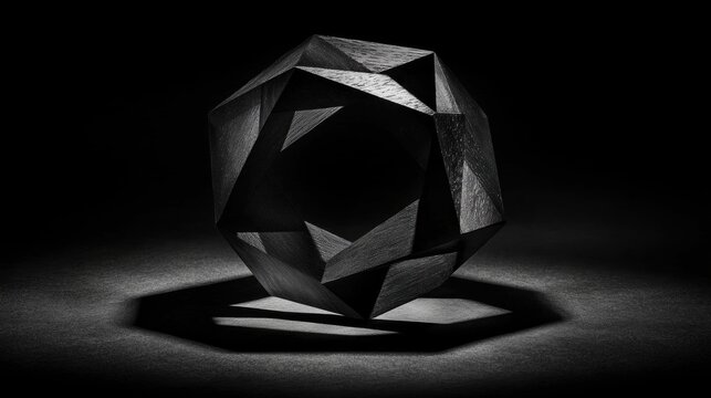 A black and white photograph of a geometric sculpture.