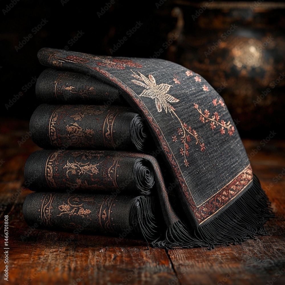 Poster cozy pile of soft blankets stacked neatly on a rustic wooden table in a warm indoor setting