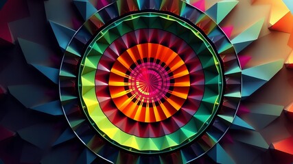 Abstract colorful geometric mandala design with vibrant rainbow concentric circles and triangular shapes creates a mesmerizing optical illusion.