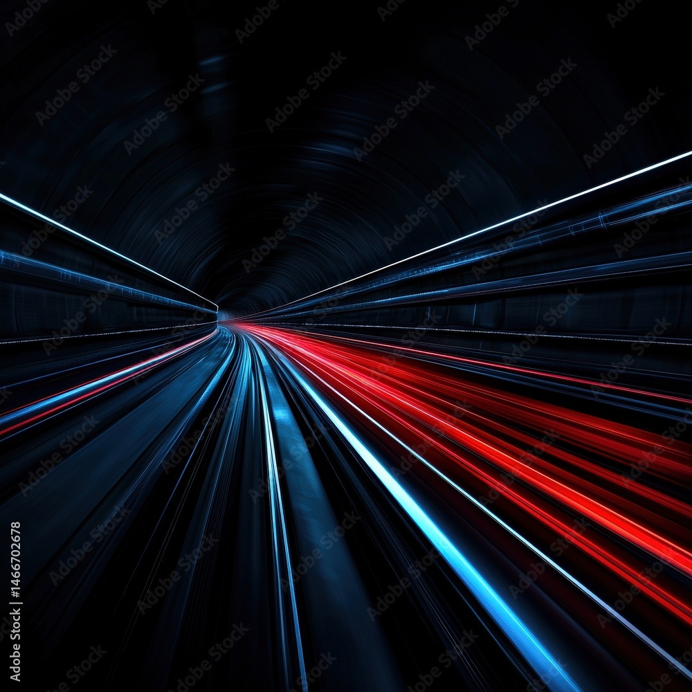 Poster dramatic tunnel illuminated by vibrant red and blue lights creating a unique visual experience