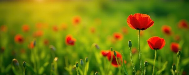 Obraz premium A vibrant poppy blooms amidst verdant grasses , sunshine, stem