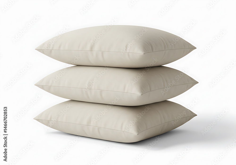 Poster a stack of three square beige pillows isolated on a white background in a studio setting shot close 