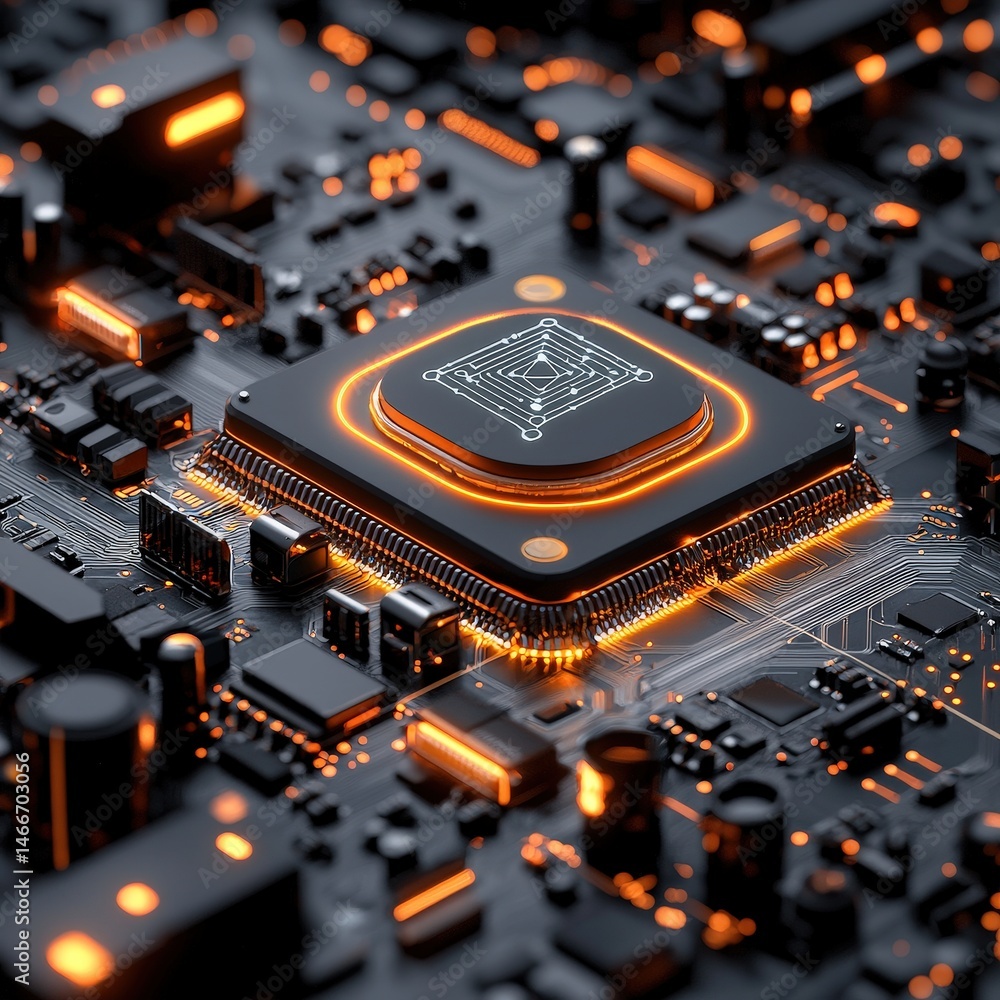 Poster a close-up view of a cpu on a sleek black surface highlighting the intricate design and detail