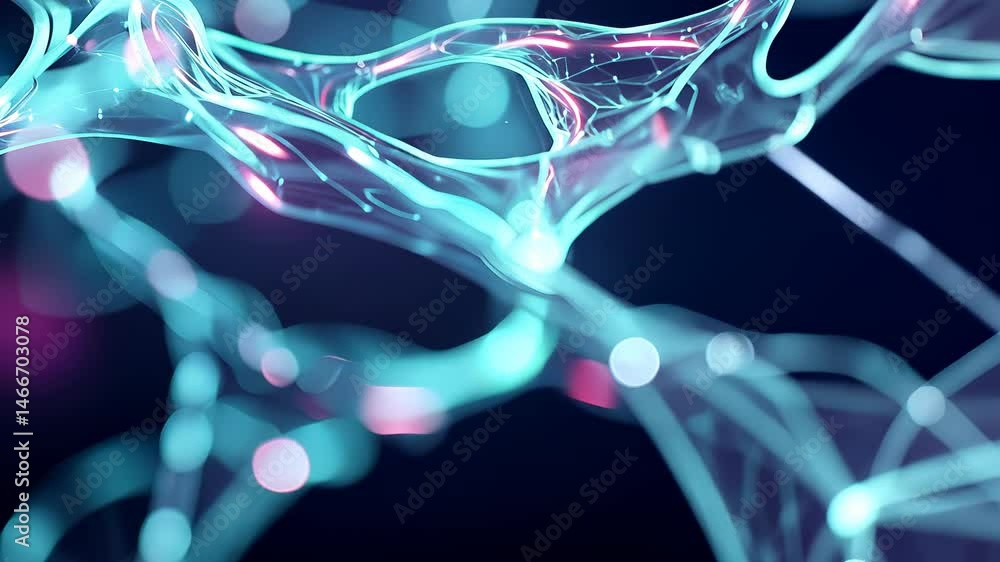 Aufkleber of view with a cyan and purple neural network structure glowing on dark a background microscopic bok