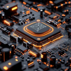 A close-up view of a cpu on a sleek black surface highlighting the intricate design and detail