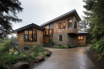 Asymmetrical roofline home with natural textures 
