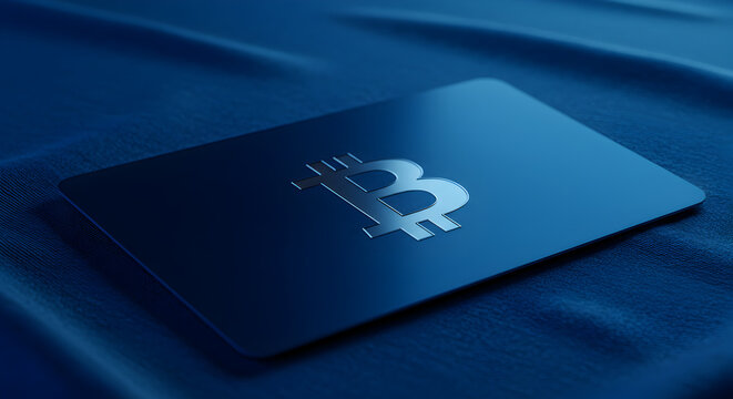 Bitcoin Symbol on Dark Blue Card with Rippled Surface Digital Currency Concept