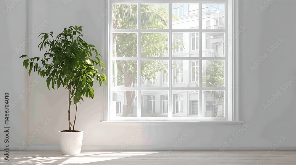 Poster a large window in a white room with a potted plant in front of it