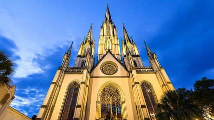 Obraz premium Historic cathedral with sky-piercing spires, soft evening light enhances glowing stained glass, detailed stone carvings, low-angle view emphasizes its towering presence. 