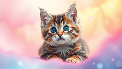 An adorable tabby kitten with bright blue eyes rests on a soft pink cloud-like surface, looking directly at the viewer.