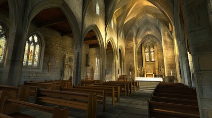 Historic church interior, weathered stone walls and towering arches, soft light enhancing aged beauty, rows of wooden pews leading to the altar, wide perspective 