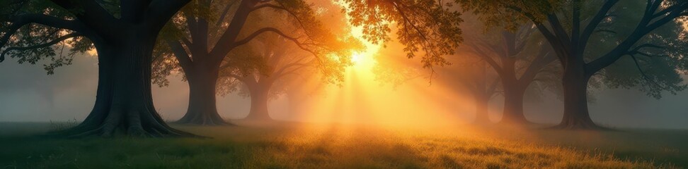 Misty dawn, sunlight filters through ancient trees, tranquil scene , woodland, picture