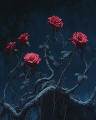 Five red roses bloom against a dark blue background in a moody oil painting style floral arrangement