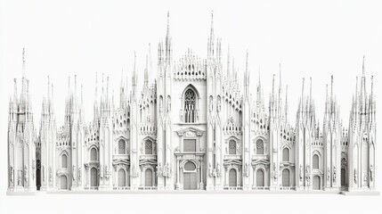 Fototapeta premium Iconic Duomo di Milano facade, soaring spires and elaborate stonework showcased in sharp detail, white marble contrasted against a pure white background, wide-angle framing. 
