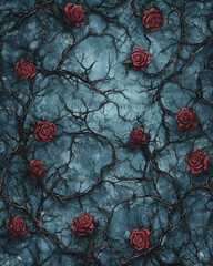 Roses and Branches Pattern on Textured Blue Background Overhead View Romantic Floral Design
