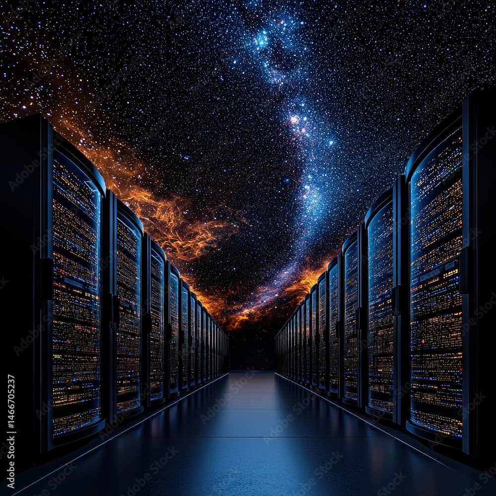 Poster long row of servers displaying advanced technology and configuration in a modern data center facilit