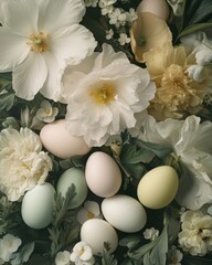 Easter eggs nestled among white and yellow flowers top-down still life for spring holiday celebration