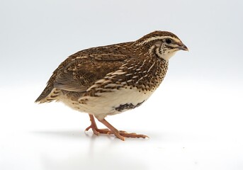 A bobwhite quail standing on a white surface with brown and white feathers in a studio setting