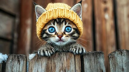 Kitten in a hat on a winter fence. Selective focus. Nature. - Powered by Adobe