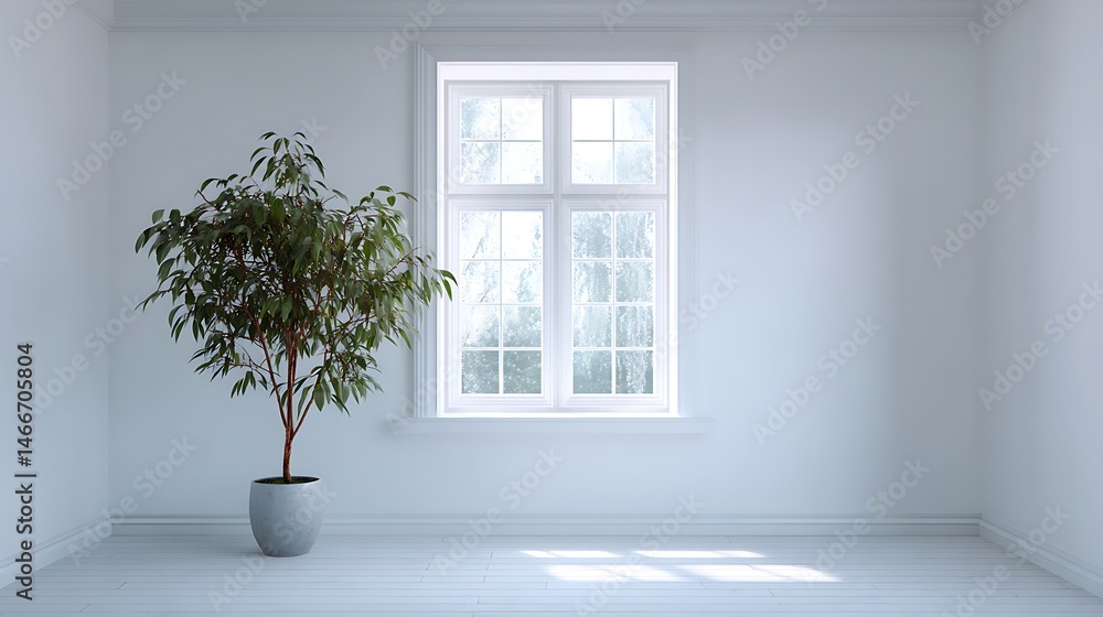 Poster a large window in a white room with a potted plant in front of it