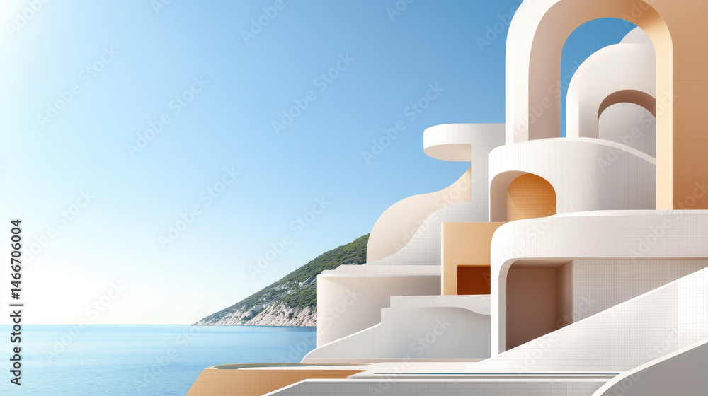 Poster modern architectural design featuring abstract shapes and smooth lines, overlooking serene ocean vie