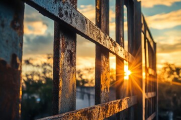 Rusty metal gate framing a vibrant sunset.