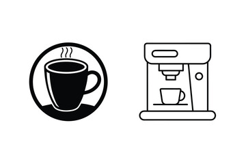 Monochrome coffee icons illustrating a steaming mug and modern coffee machine for design assets