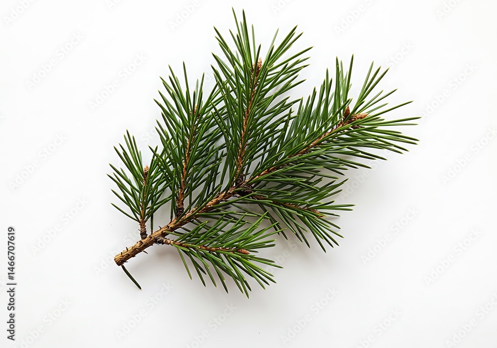 Aufkleber a close up of a pine branch with green needles on a white background in a simple studio shot style
