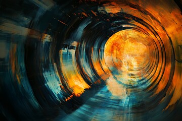 Abstract swirling tunnel painting in teal and orange hues