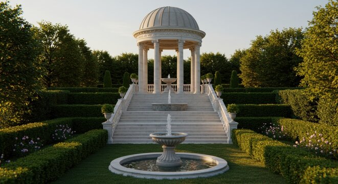 Elegant neoclassical pavilion in manicured garden with fountain