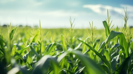 Obraz premium Fresh Green Ears of Corn in a Minimalistic Soft Focus Spring Landscape Scene with Gentle Lighting