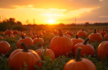 Pumpkins in a field at sunset autumn vibe