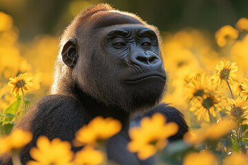 A Gorilla’s Calm Gaze in the Golden Sunrise – Portrait of Strength and Serenity in the Wild.