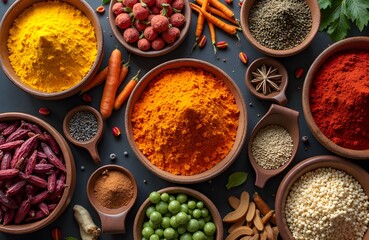 Spices and dried vegetables arranged in bowls overhead view