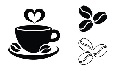 Coffee Cup Icon with Heart Steam and Coffee Bean Variations in Black and White Vector Illustration
