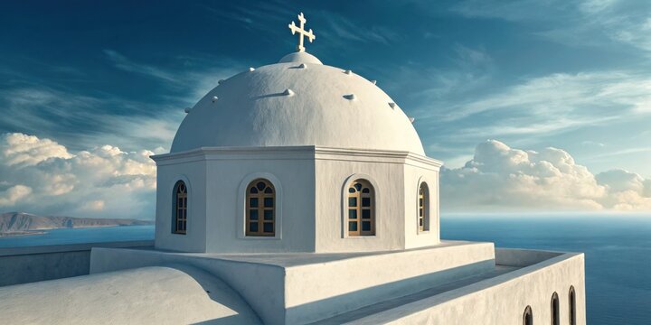 White dome church overlooking the sea with blue sky and clouds