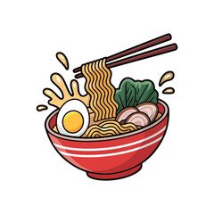 Cartoon illustration of ramen bowl with chopsticks, egg, noodles, pork slices, greens, and splash effect on white background
