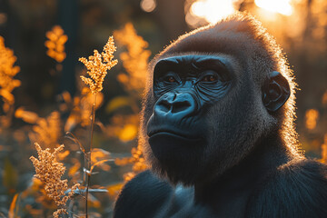 A Gorilla’s Calm Gaze in the Golden Sunrise – Portrait of Strength and Serenity in the Wild.