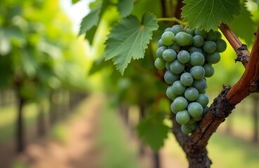 Vineyard close up showing grape bunch and tendrils