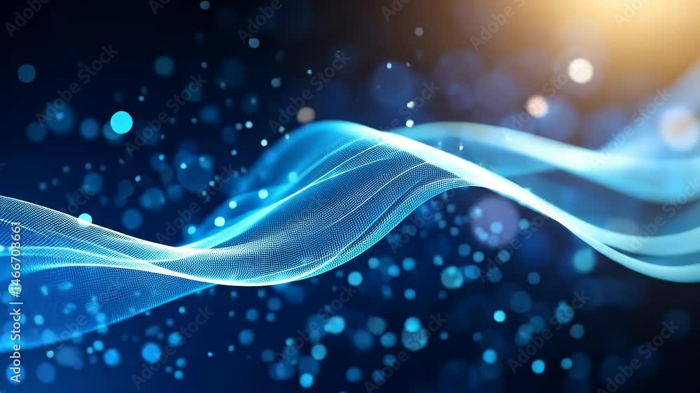 Poster representing blue wave undulating, generating dynamic particle flow against dark background , sound 