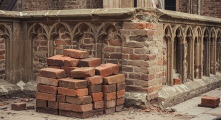 Aged brick wall and weathered architecture with stacked red bricks